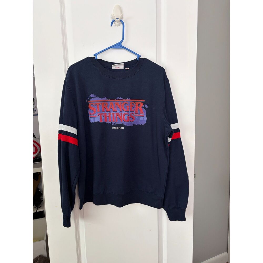 Stranger Things Netflix Crewneck Sweatshirt 2XL Retro Varsity Stripe Navy Blue